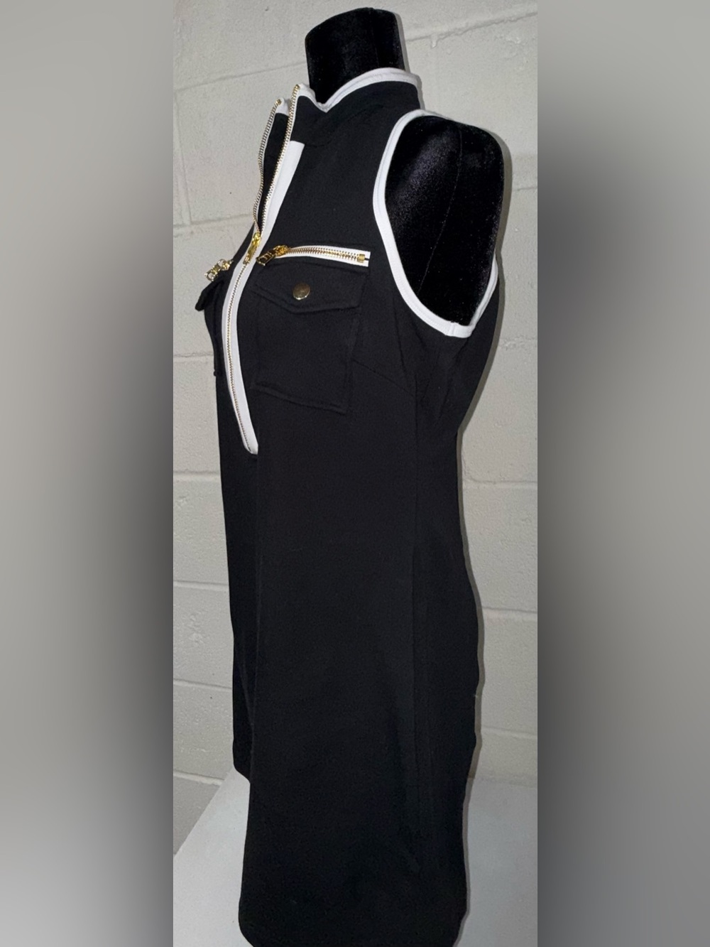 Boston Proper Black Mini Dress with White Trim and Gold Hardware - Picture 2 of 7